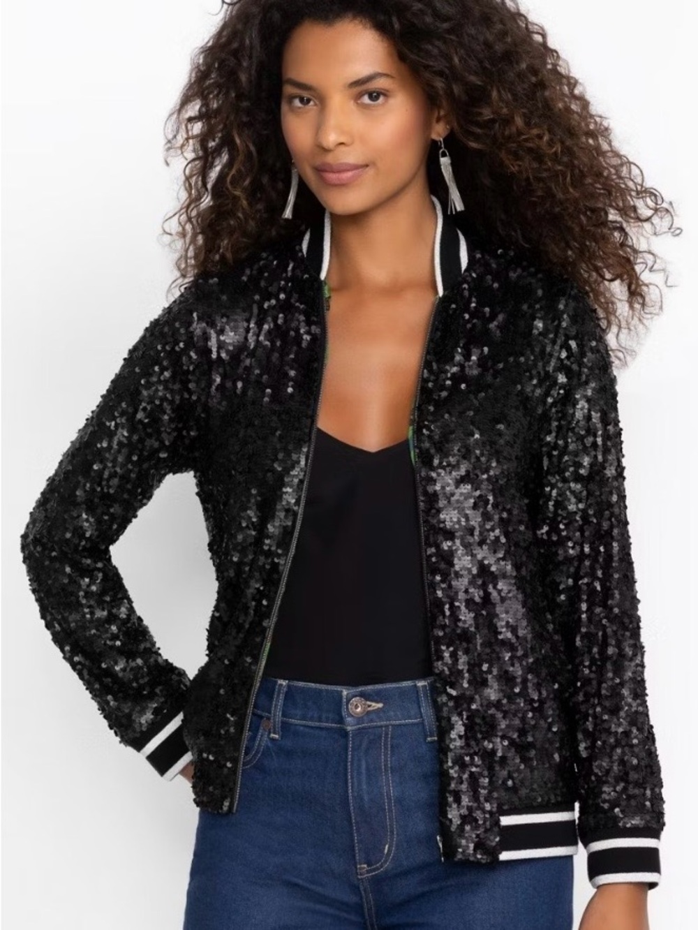 Johnny Was Black Sequin Bomber Jacket